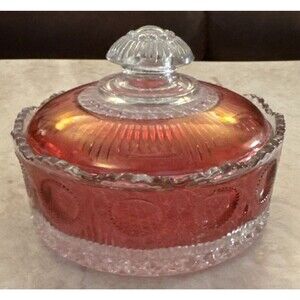 EAPG US Glass Co Manhattan Red Ruby Rose Vanity Powder Jar Antique 1902